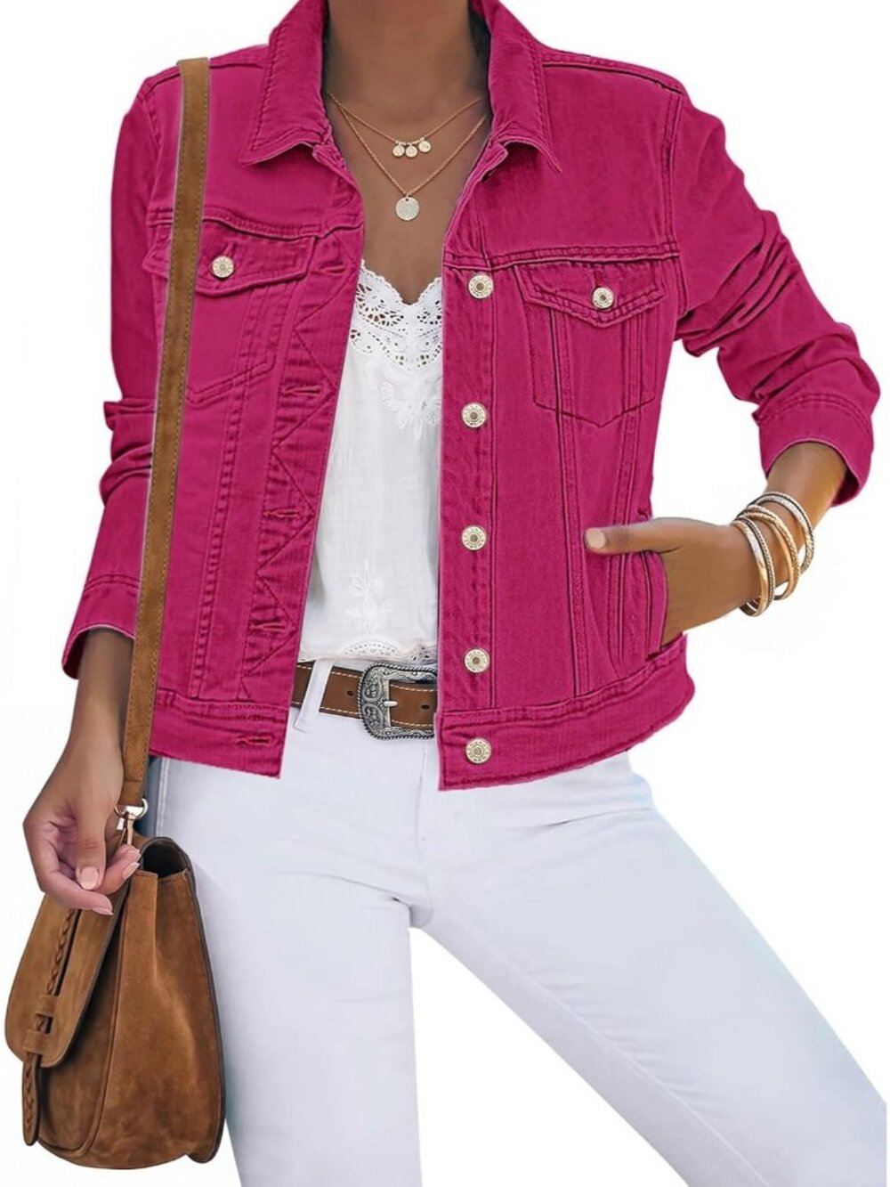 Women's Rose Pink Cotton Button Down Stretch Fitted Long Sleeve Jean Jacket